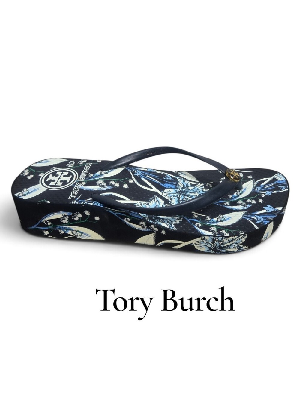 Tory Burch Navy Floral Platform Flip Flop Thong Sandal with Gold Logo